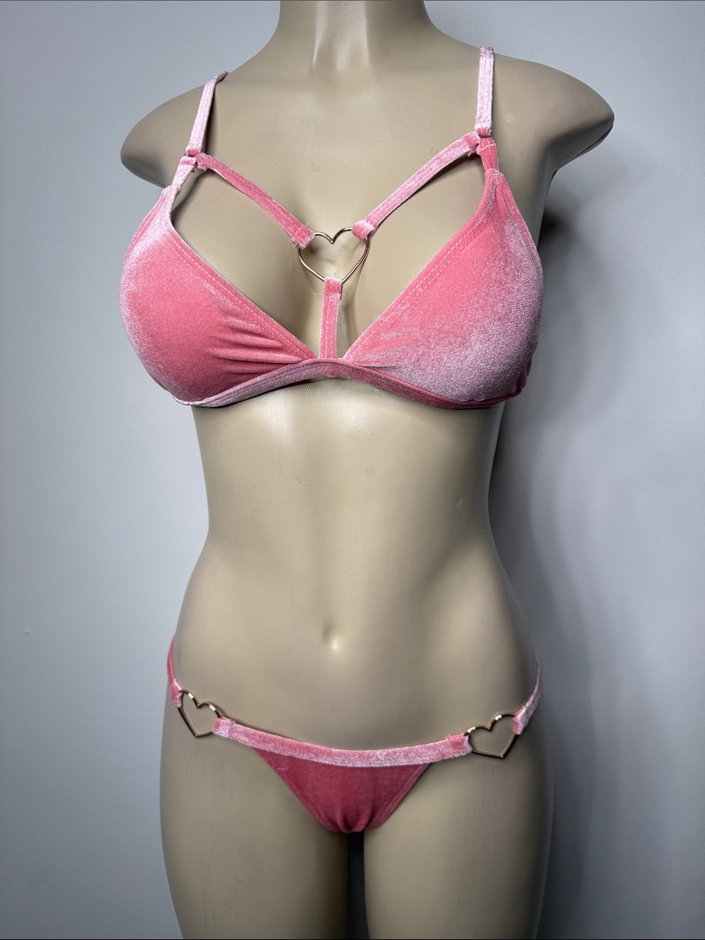 SHEIN Pink Velvet Heart-Accent Bralette & Bikini Set